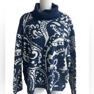NWT St John's Bay Blue And White Paisely Turtleneck Sweater Soft Woman PXL NWT